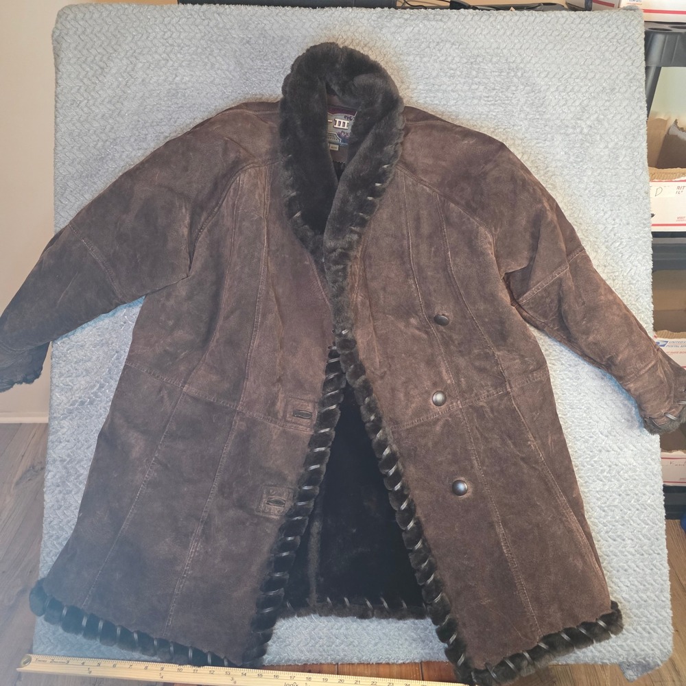G-III‎ Global Identity Vintage Brown Leather Faux Fur Trim Suede Coat Womens M